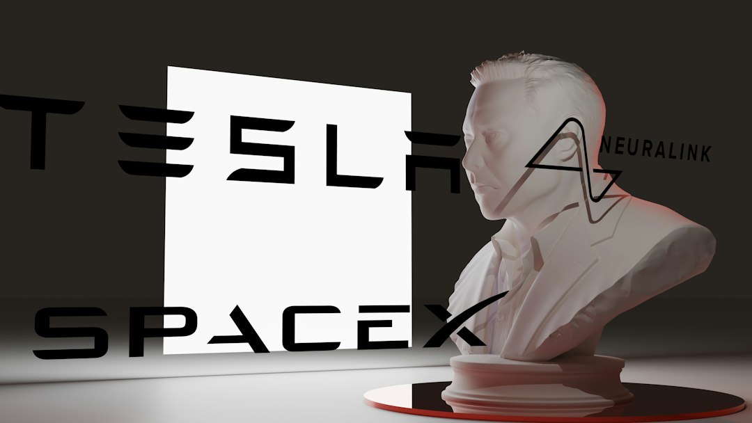 White bust facing screen with tesla, spacex, and neuralink text.