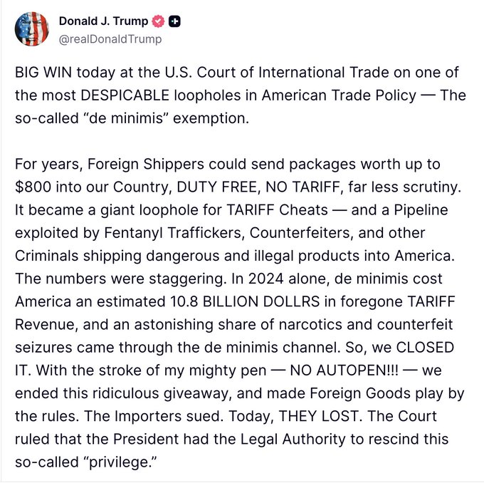 Court Upholds Trump's End of De Minimis Tariff Exemption