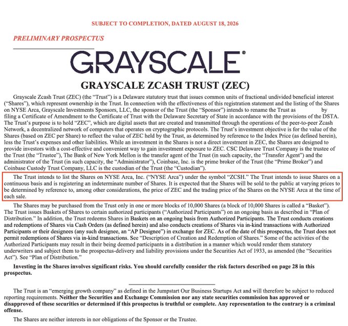 Grayscale Files Fourth Amendment for Zcash ETF, Targets NYSE Arca