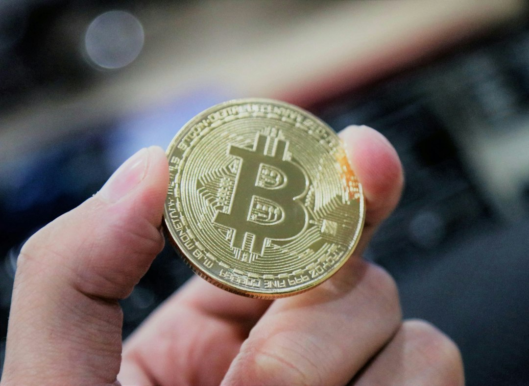 A hand holds a bitcoin.