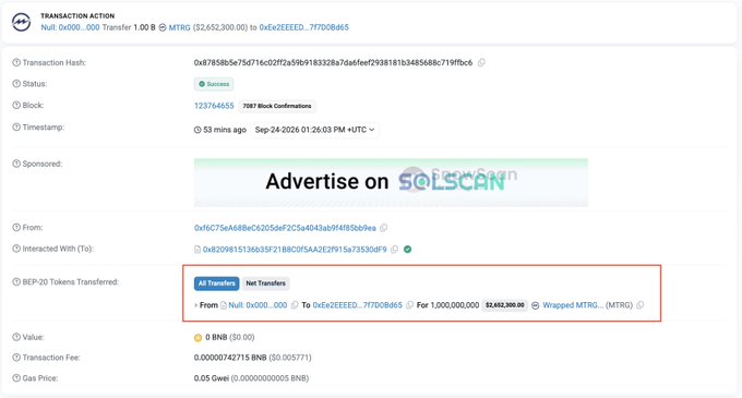 PeckShield's on-chain alert showing the surge in MTRG minting and the token's resulting price crash.