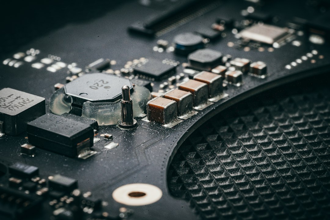 Close-up of a complex electronic circuit board with many components.