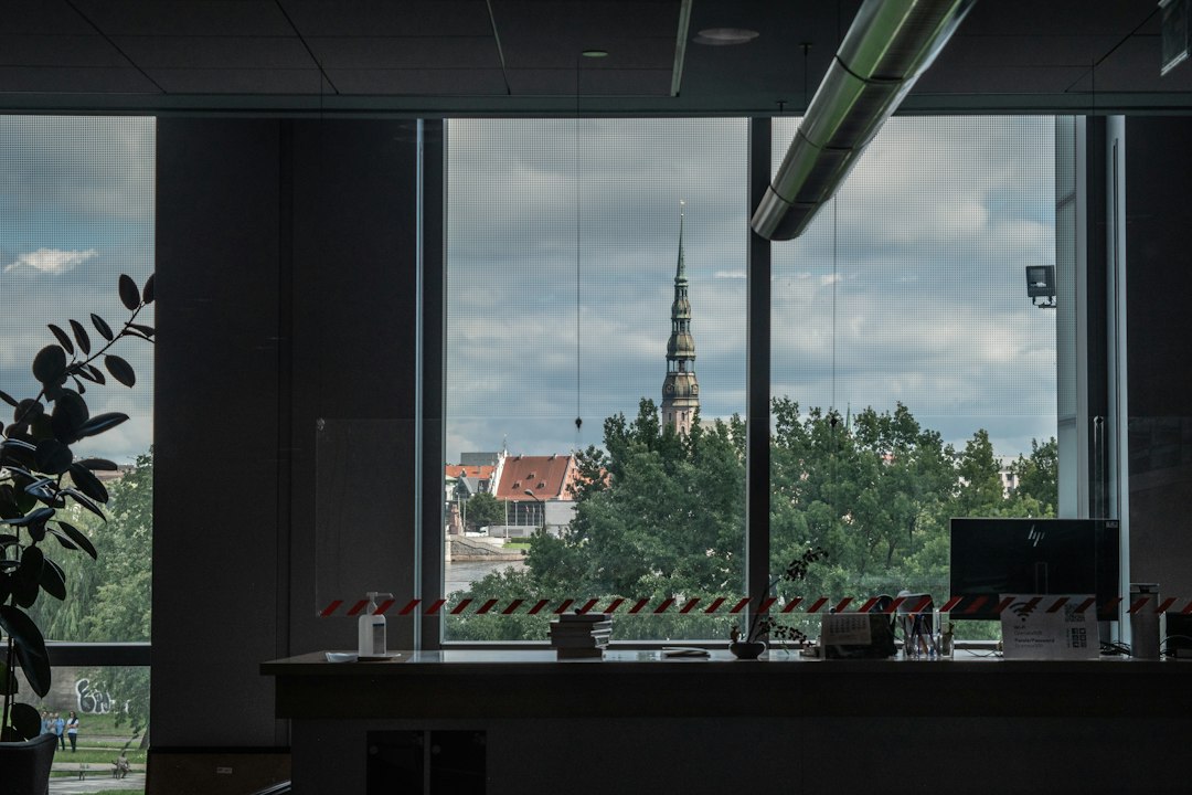 a view of a building through a window