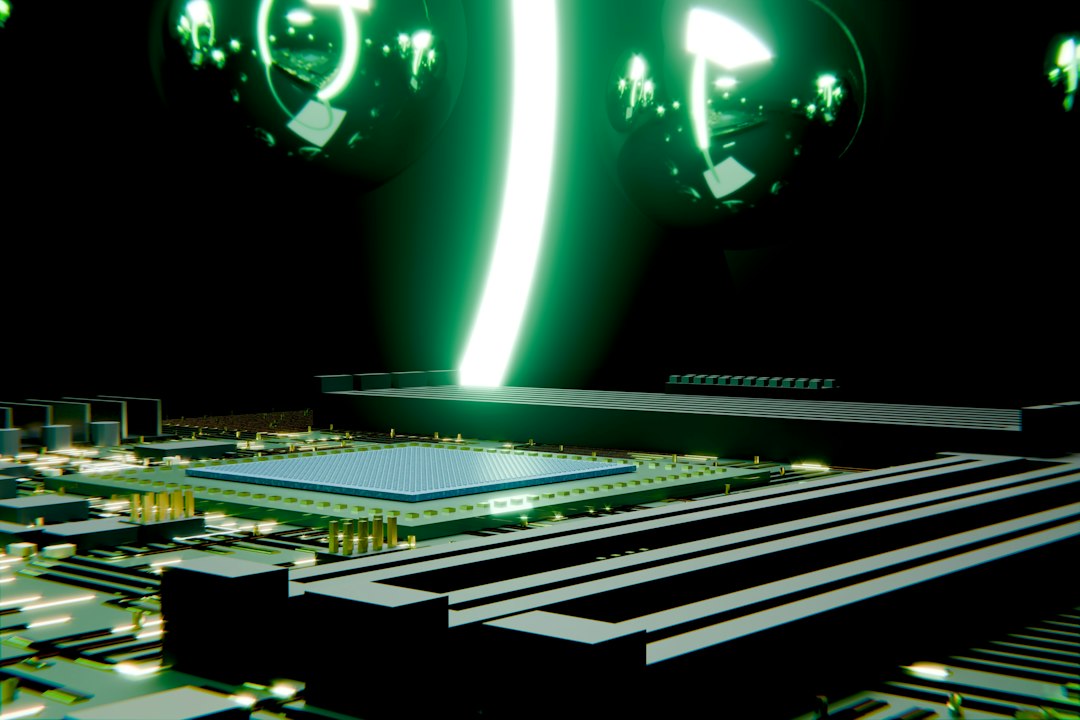 Futuristic circuit board with glowing green data beam.