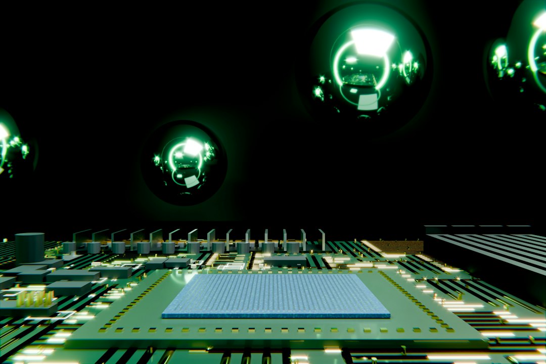 Microchip on a circuit board with glowing green reflections.