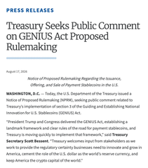 Treasury Proposes GENIUS Act Stablecoin Licensing Rules