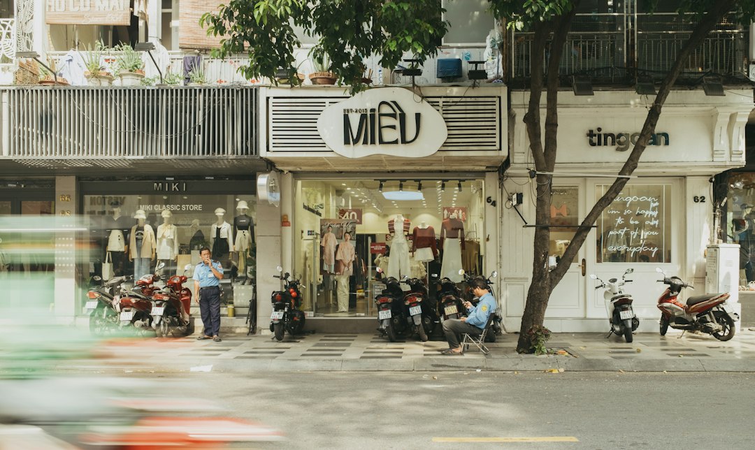 Street view of shops with motorcycles parked outside