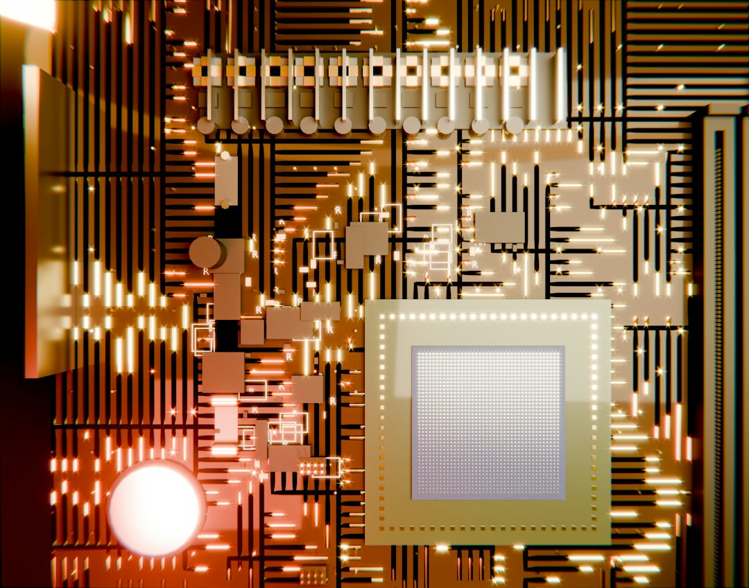 A glowing circuit board with a central processing unit.
