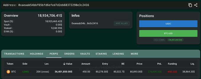 Hypurrscan screenshot of wallet 0xaeaa's leveraged BTC long position